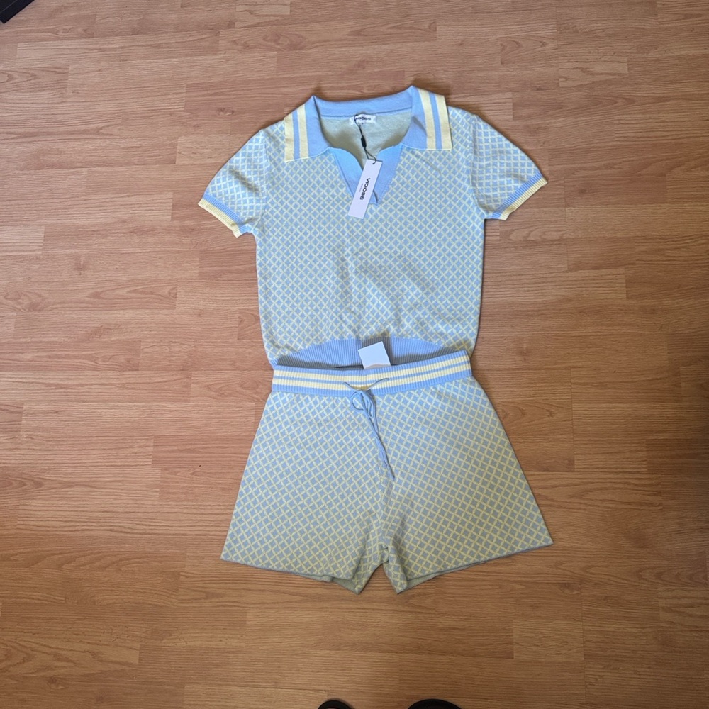 Vigoss Pastel Knit Light Blue and Yellow Top and Shorts Set